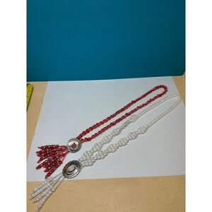 Handmade‎ Beaded Bolo Tie Set Red White Iridescent Western Concho Tassel 2pc